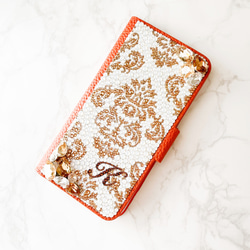 手帳型iPhone17proスワロフスキー ダマスクビ ジューゴールドデコレーションスマホケース 12枚目の画像