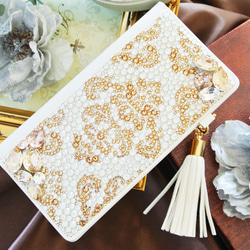 手帳型iPhone17proスワロフスキー ダマスクビ ジューゴールドデコレーションスマホケース 16枚目の画像