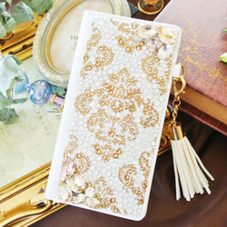 手帳型iPhone17proスワロフスキー ダマスクビ ジューゴールドデコレーションスマホケース 15枚目の画像