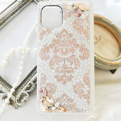 手帳型iPhone17proスワロフスキー ダマスクビ ジューゴールドデコレーションスマホケース 17枚目の画像