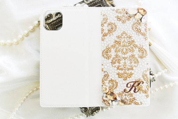 手帳型iPhone17proスワロフスキー ダマスクビ ジューゴールドデコレーションスマホケース 14枚目の画像