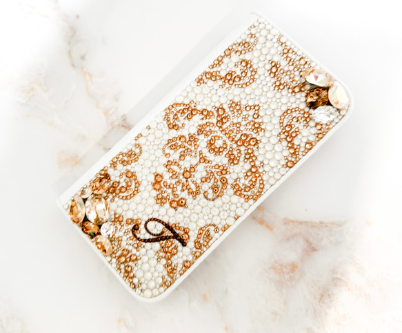 手帳型iPhone17proスワロフスキー ダマスクビ ジューゴールドデコレーションスマホケース 8枚目の画像