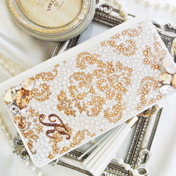 手帳型iPhone17proスワロフスキー ダマスクビ ジューゴールドデコレーションスマホケース 2枚目の画像