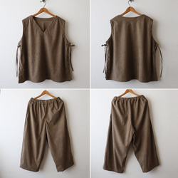 ⁂秋の新作　ニット コーデュロイ生地　上下セットアップ　サイド横リボン付き ベスト　幅広 ストレート パンツ K32 14枚目の画像