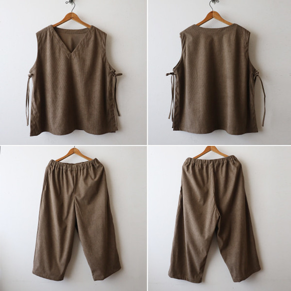 ⁂秋の新作　ニット コーデュロイ生地　上下セットアップ　サイド横リボン付き ベスト　幅広 ストレート パンツ K32 14枚目の画像