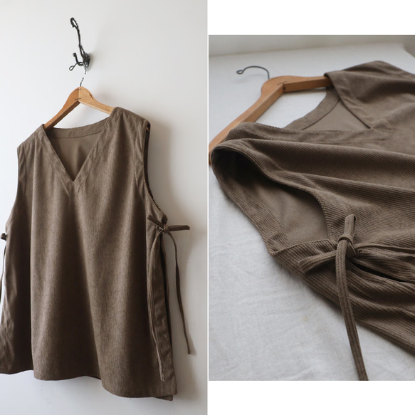 ⁂秋の新作　ニット コーデュロイ生地　上下セットアップ　サイド横リボン付き ベスト　幅広 ストレート パンツ K32 5枚目の画像