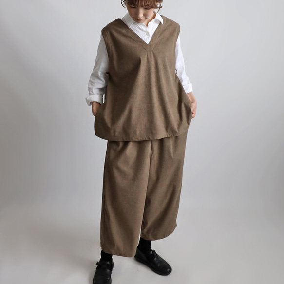 ⁂秋の新作　ニット コーデュロイ生地　上下セットアップ　サイド横リボン付き ベスト　幅広 ストレート パンツ K32 2枚目の画像