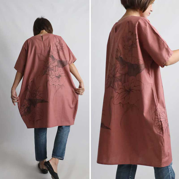 新作　芸術の秋　手描きART　和画衣　”蓮は泥より出でて泥に染まらず”　一枚布　ワンピース K40 4枚目の画像