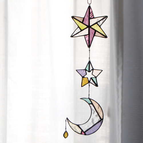 月と星の3連オーナメント ステンドグラス F サンキャッチャー glass