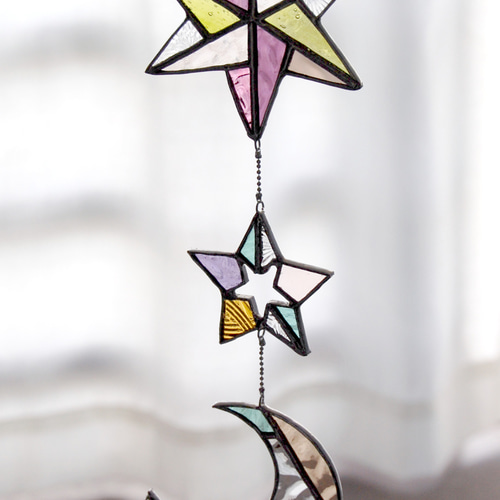 月と星の3連オーナメント ステンドグラス F サンキャッチャー glass