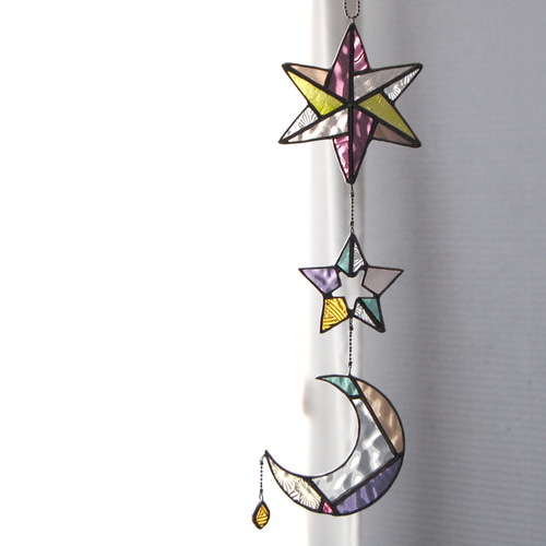 月と星の3連オーナメント ステンドグラス F サンキャッチャー glass