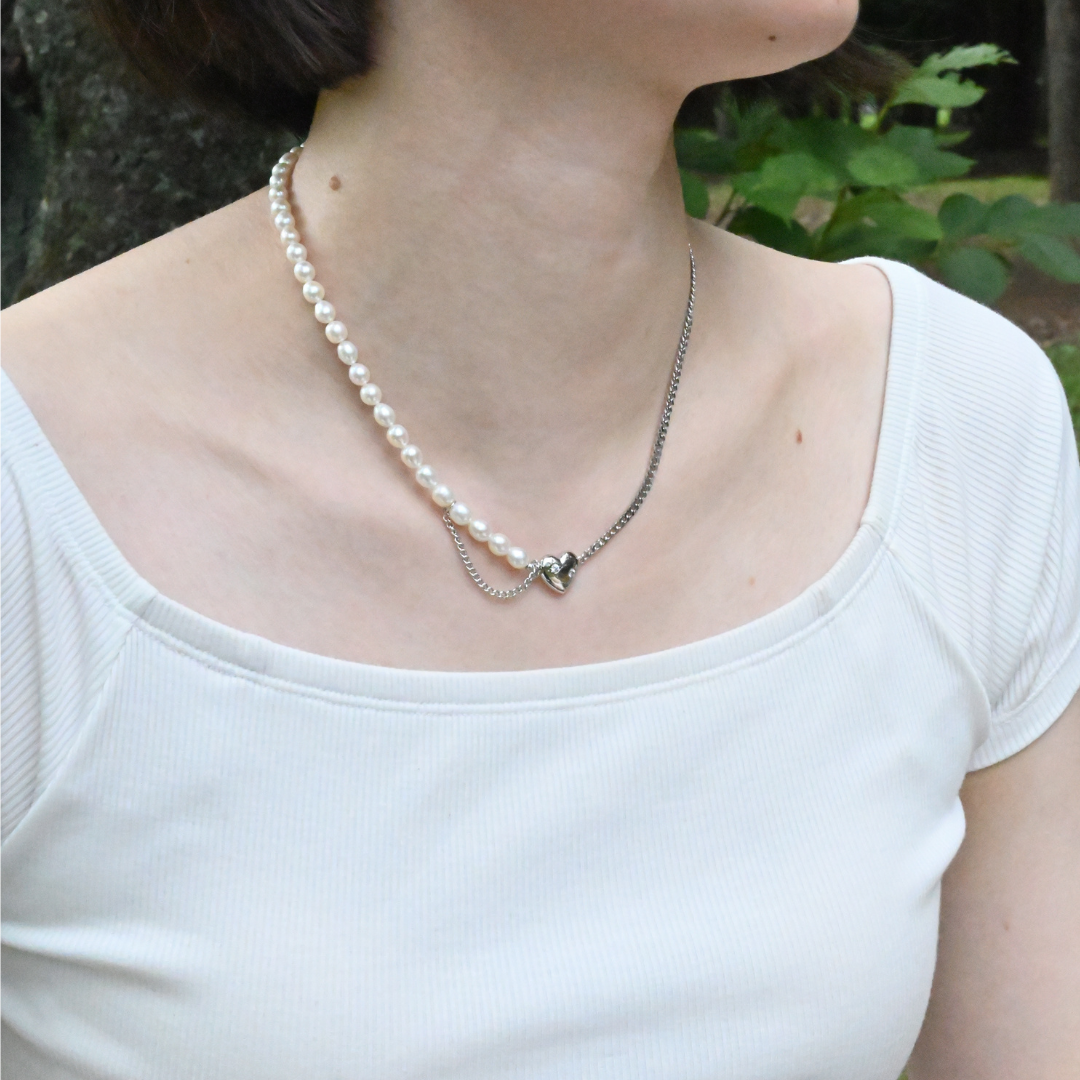 淡水パール×silver925 カジュアル ジルコニア ハートチャーム 【パールハートストーンネックレス】