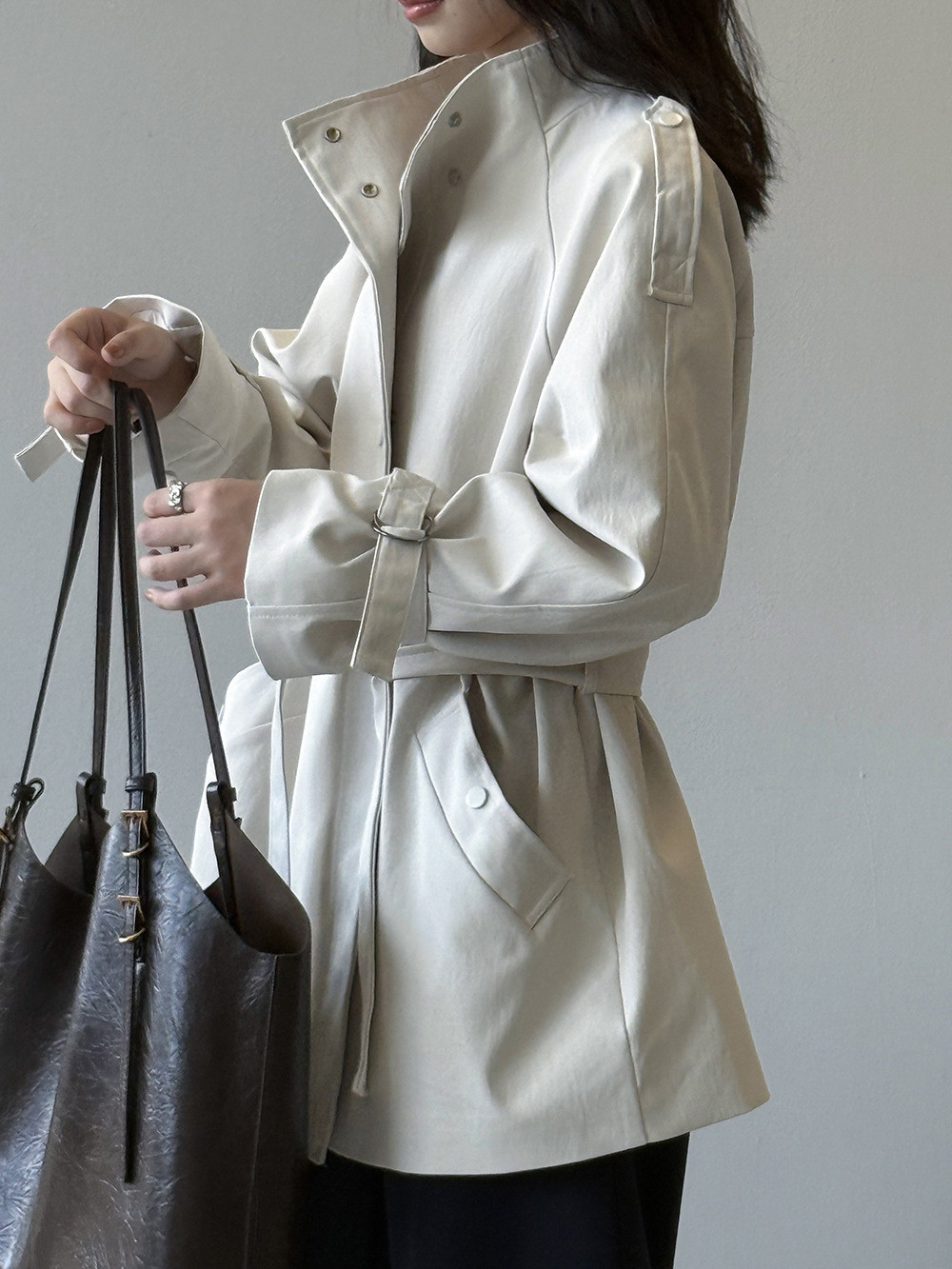 秋冬レディースルーズカジュアル リボン締めウエスト 短丈トレンチコート【返品・交換可】品質最優先25-334