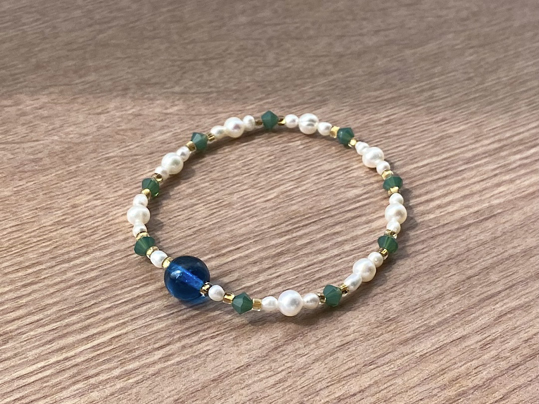 ヴィンテージビーズ パシフィックブルー グリーン クリスタル パール ブレスレット