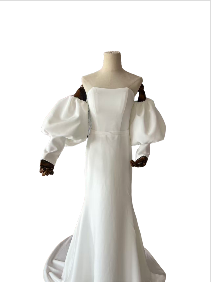 フランス風 ベアトップ ウエディングドレス 前撮り 取り外し可能 姫袖 マーメイドライン ロングドレス 挙式 二次会