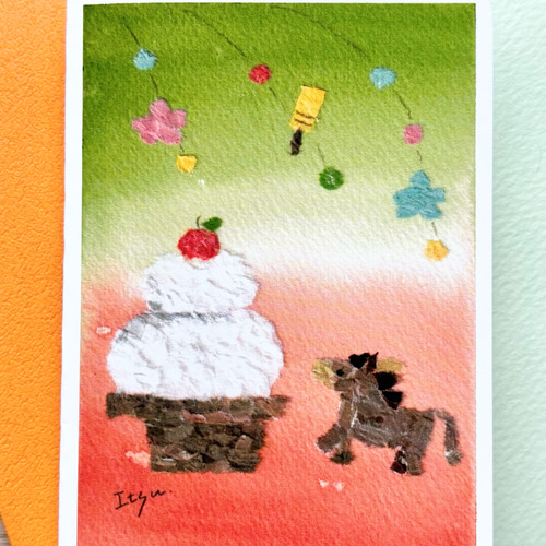 透明水彩画 ミニカード2枚セット「馬さんのお正月」ちぎり絵 年賀状 お
