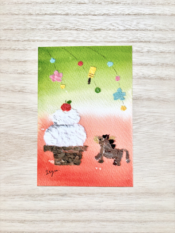 透明水彩画 ポストカード3枚セット「馬さんのお正月」ちぎり絵 2026年