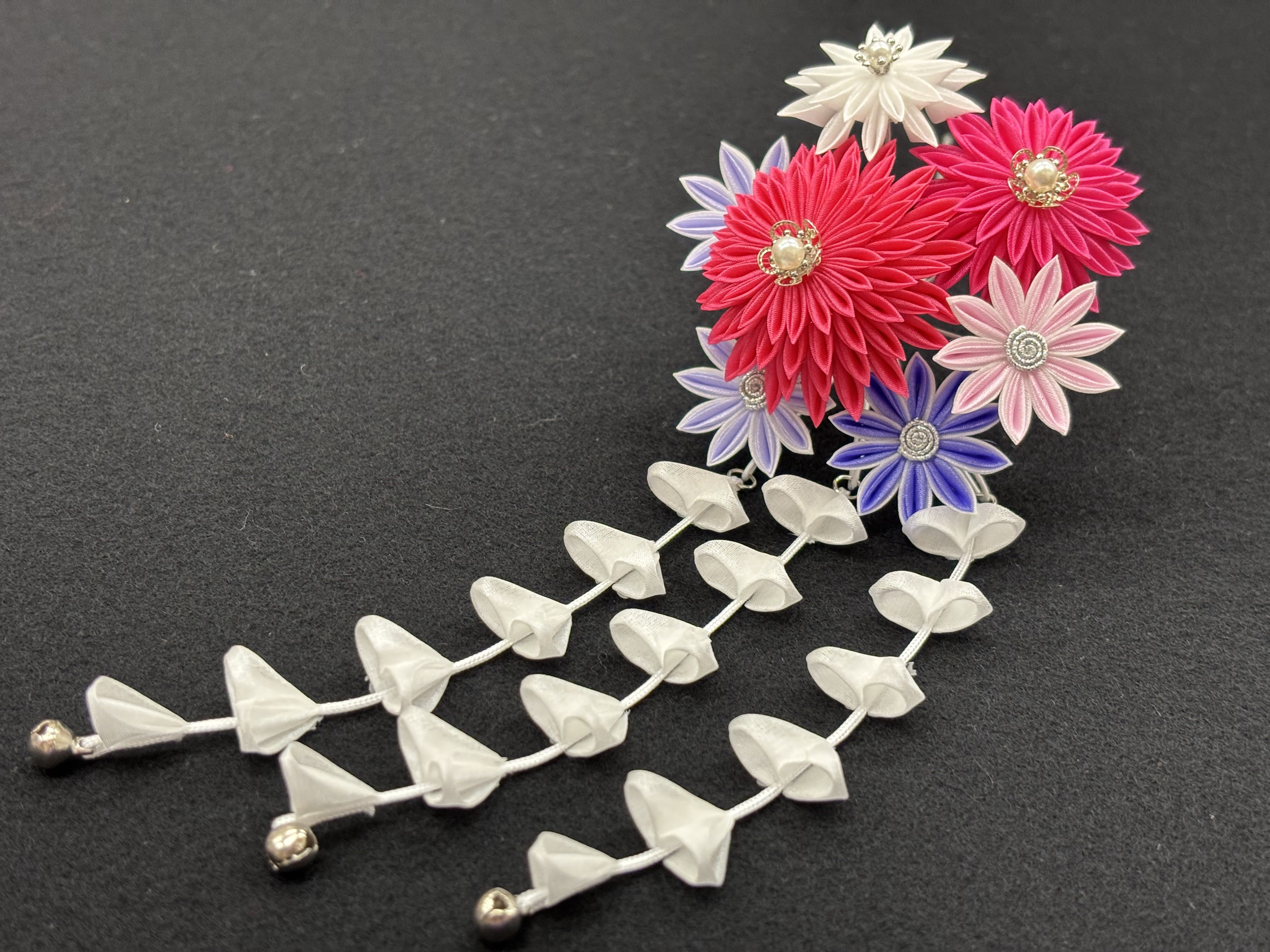 つまみ細工髪飾り《菊の花》七五三　花かんざし　3点セット　ピンク・パープル系　プレゼント