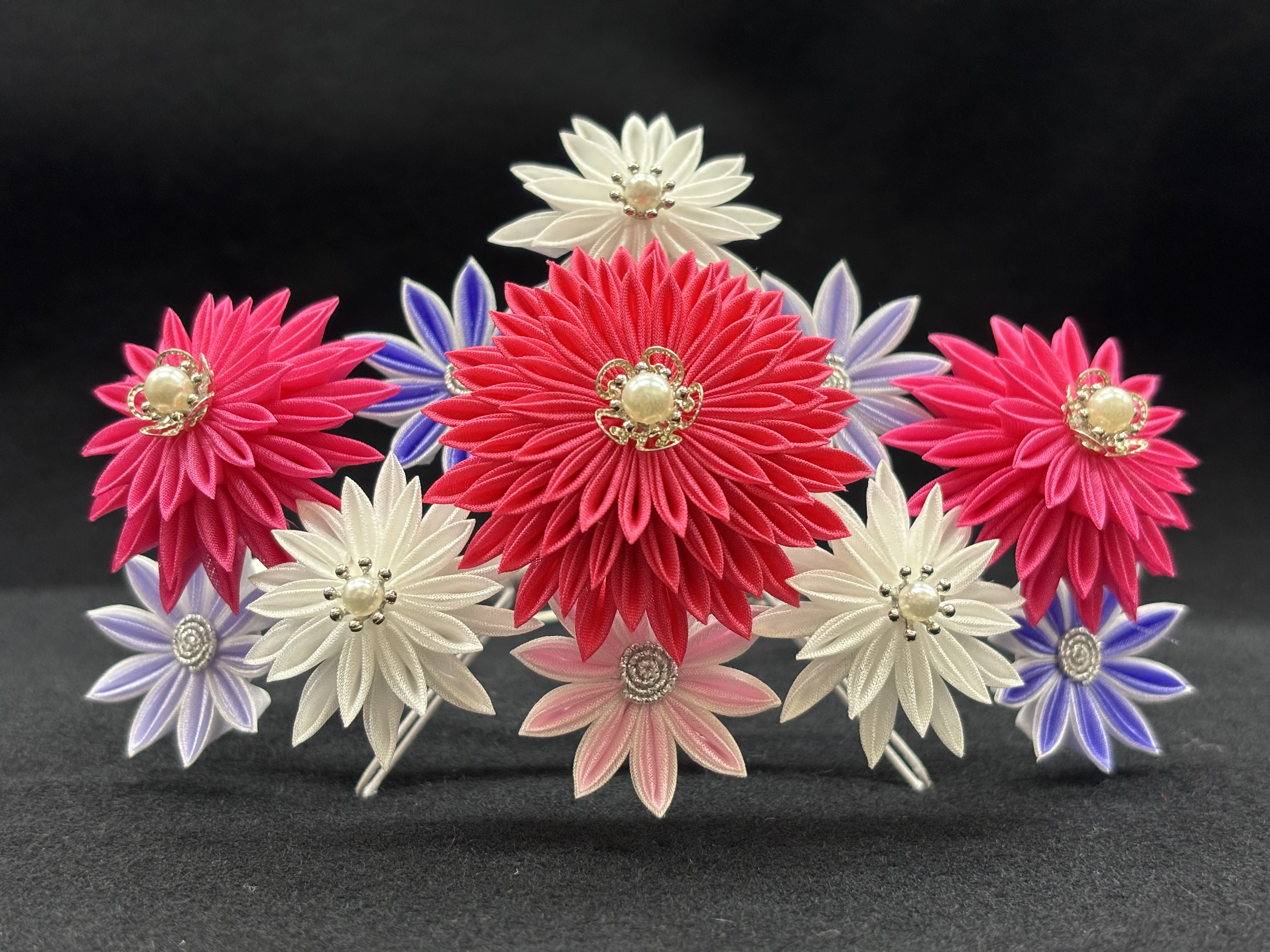 つまみ細工髪飾り《菊の花》七五三　花かんざし　3点セット　ピンク・パープル系　プレゼント