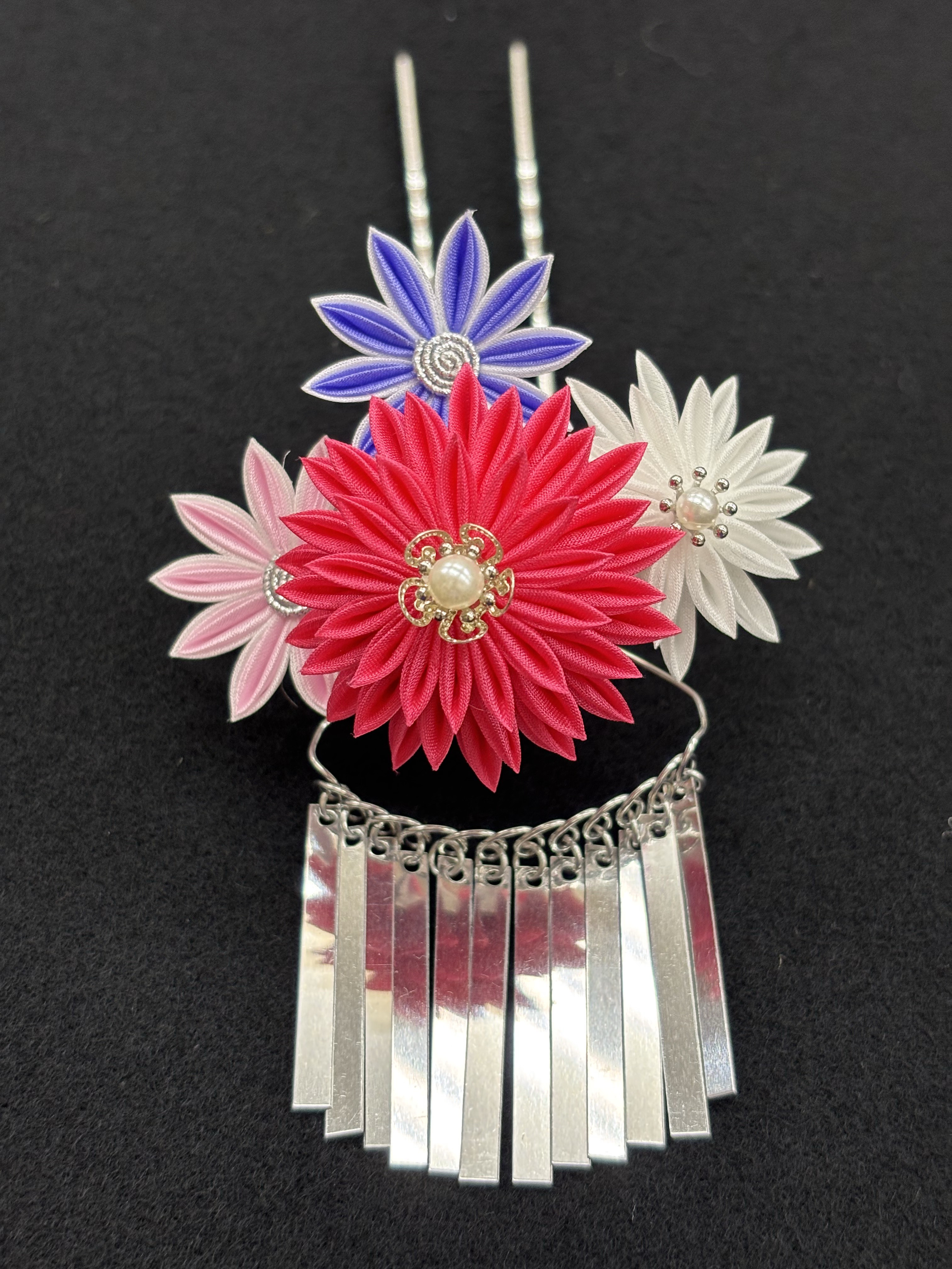 つまみ細工髪飾り《菊の花》七五三　花かんざし　3点セット　ピンク・パープル系　プレゼント