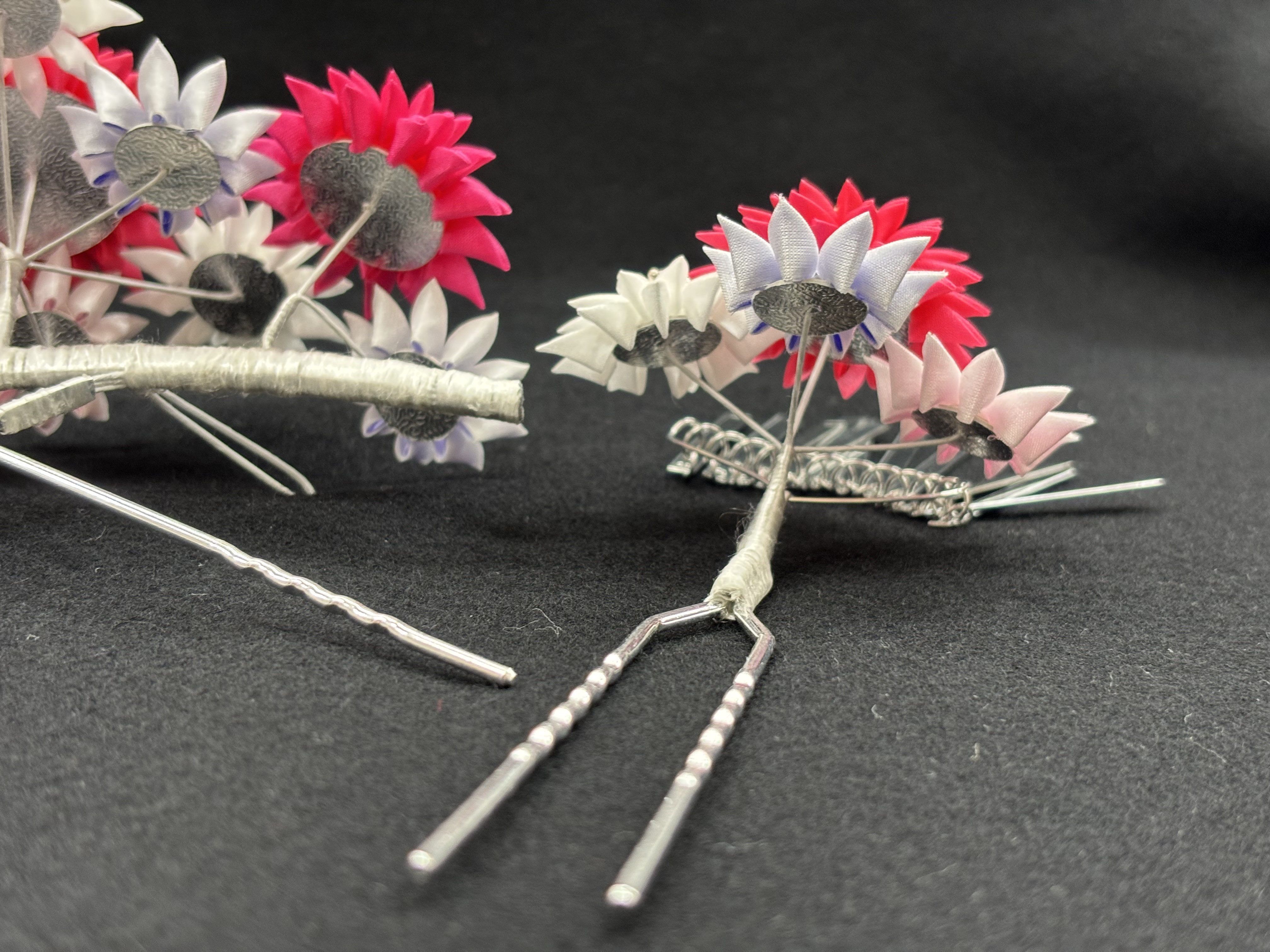 つまみ細工髪飾り《菊の花》七五三　花かんざし　3点セット　ピンク・パープル系　プレゼント