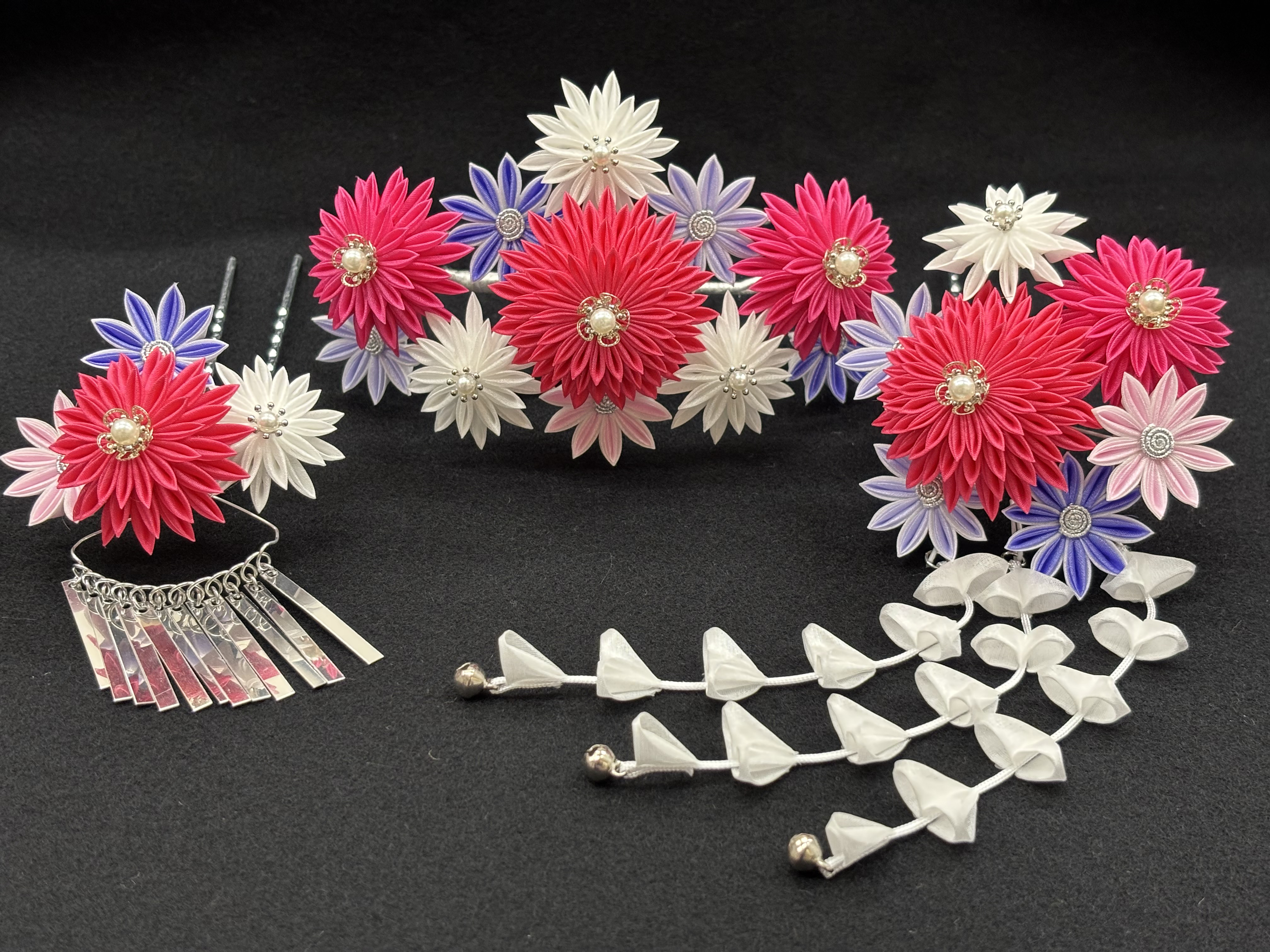 つまみ細工髪飾り《菊の花》七五三　花かんざし　3点セット　ピンク・パープル系　プレゼント