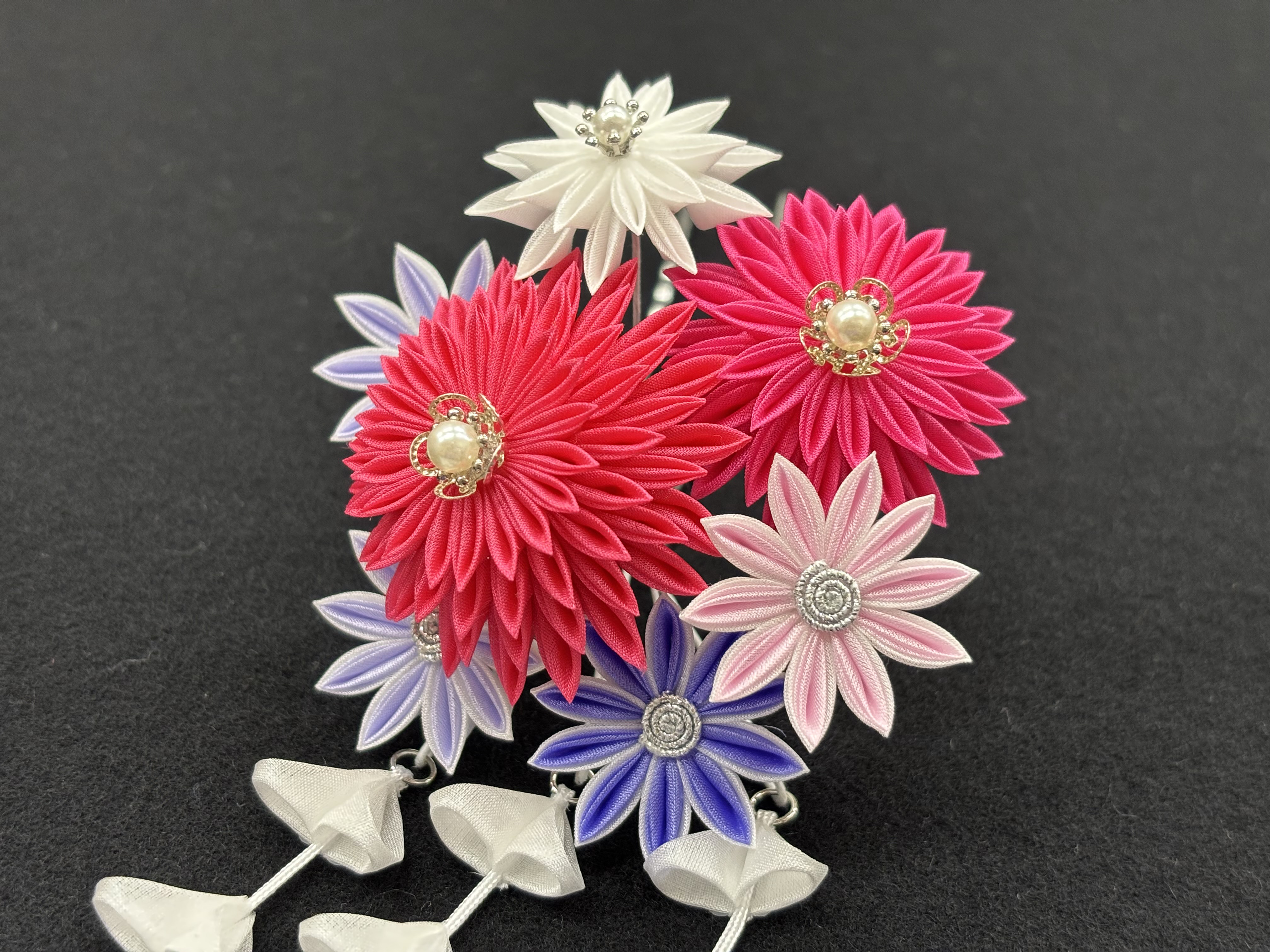 つまみ細工髪飾り《菊の花》七五三　花かんざし　3点セット　ピンク・パープル系　プレゼント