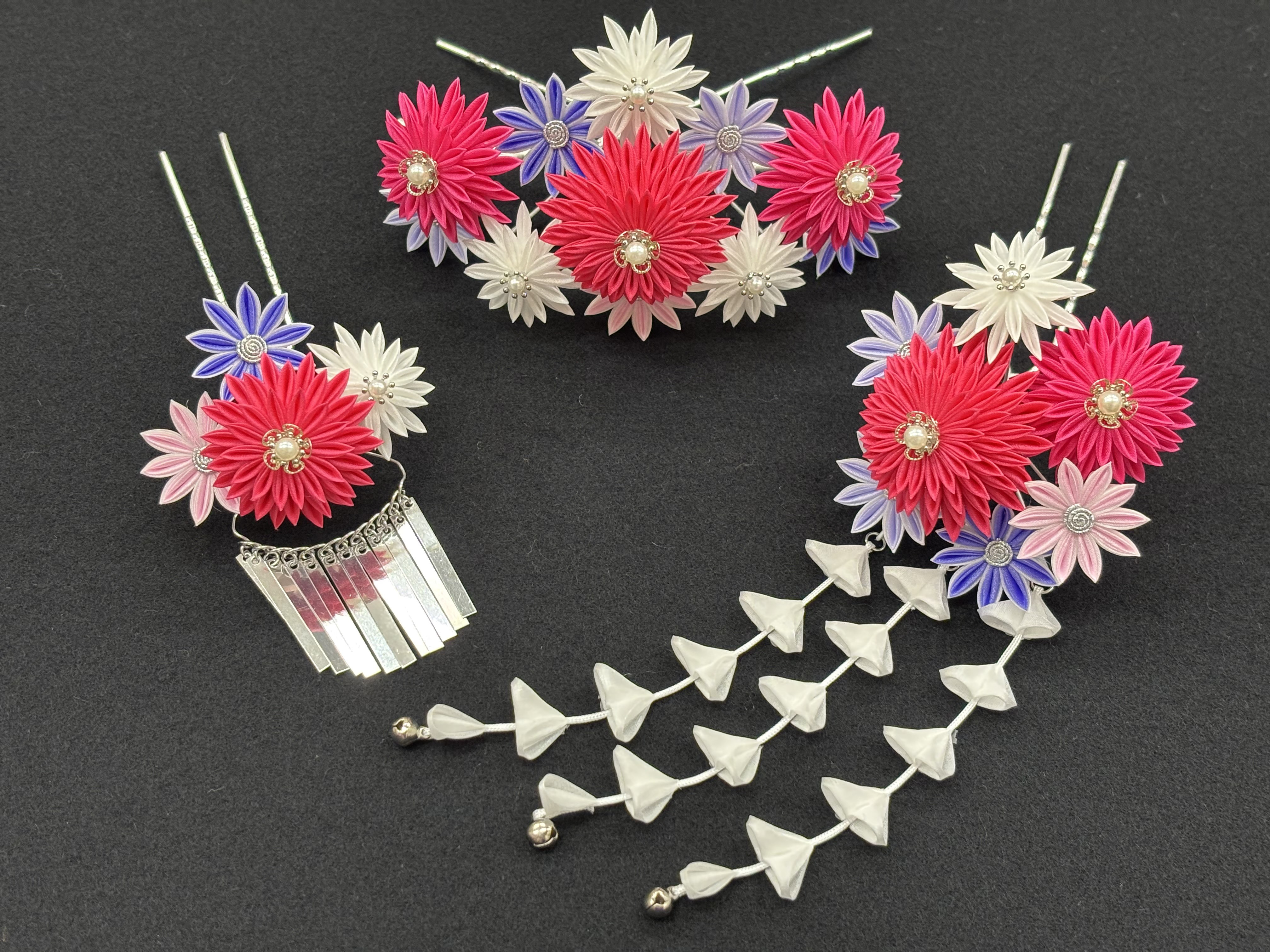 つまみ細工髪飾り《菊の花》七五三　花かんざし　3点セット　ピンク・パープル系　プレゼント
