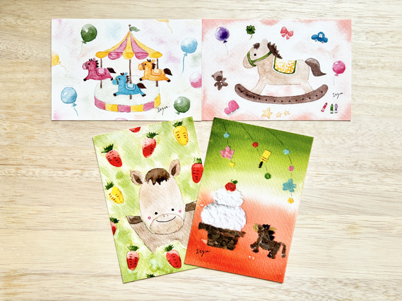 透明水彩画「2026年　午年年賀状4枚セット」 馬　うま　ウマ　お正月　お年賀　ちぎり絵　出産祝い　お正月飾り　鏡餅 3枚目の画像