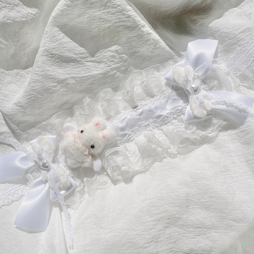 ♡ No.2 天使のうさぎさん付き オーガンジー編み上げリボンヘッド