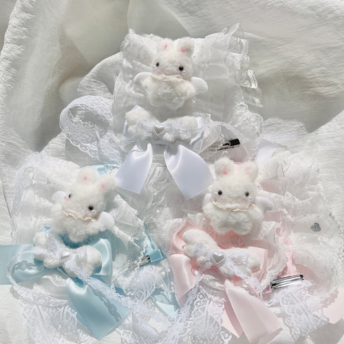 ♡ No.2 天使のうさぎさん付き オーガンジー編み上げリボンヘッド