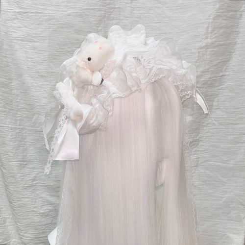 ♡3点No.2 天使のうさぎさん付き 編み上げリボンヘッドドレス white ♡ ♡ No.2 天使のうさぎさん付き オーガンジー編み上げリボンヘッド