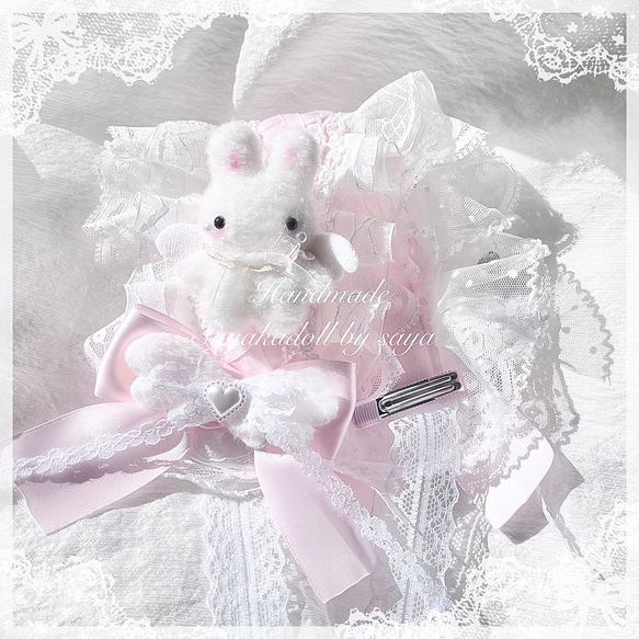 ♡ No.2 天使のうさぎさん付き 編み上げリボンヘッドドレス pink ♡ ♡3