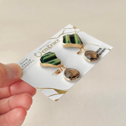 織部焼　金継ぎ　ネジバネ式イヤリング　深い緑　茶色　揺れる　伝統工芸　＃336 4枚目の画像