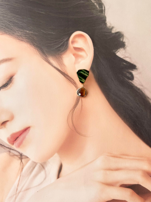 織部焼　金継ぎ　ネジバネ式イヤリング　深い緑　茶色　揺れる　伝統工芸　＃336 8枚目の画像
