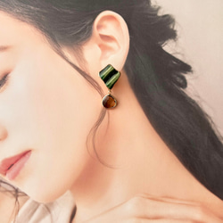 織部焼　金継ぎ　ネジバネ式イヤリング　深い緑　茶色　揺れる　伝統工芸　＃336 7枚目の画像
