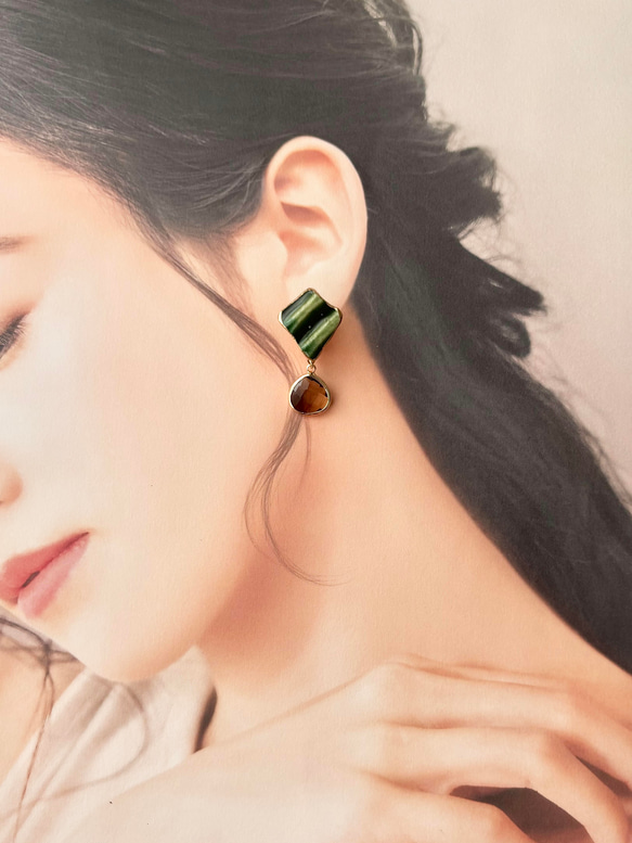 織部焼　金継ぎ　ネジバネ式イヤリング　深い緑　茶色　揺れる　伝統工芸　＃336 7枚目の画像