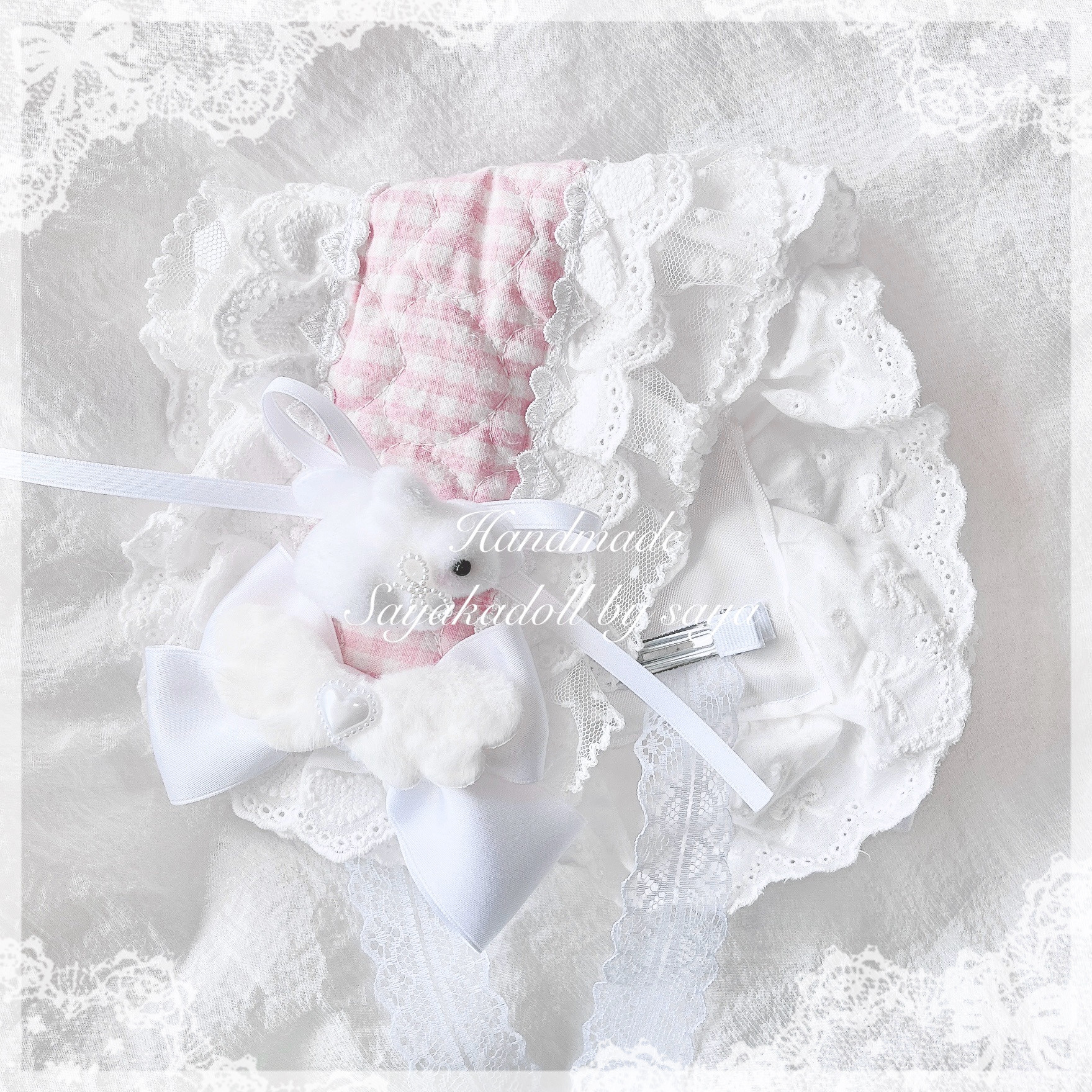 ♡ No.3 天使のうさぎさん付き キルティング マットリボンヘッドドレス pink ♡