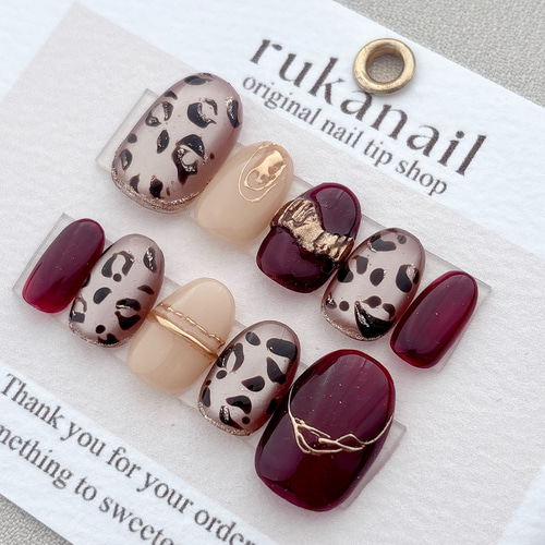ボルドー×レオパード ネイルチップ マグネット リングネイル