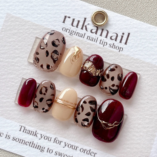 ネイルチップ　ヒョウ柄ネイル　アクセサリーネイル　リングネイル ボルドー×レオパード ネイルチップ マグネット リングネイル 普段使い