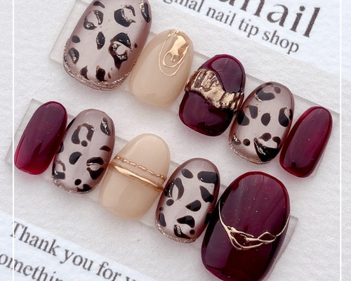 ネイルチップ　ヒョウ柄ネイル　アクセサリーネイル　リングネイル new.ﾟ・*. ボルドー×レオパード ネイルチップ マグネット リング