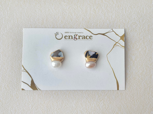 【金具が選べる】京焼　金継ぎ　ピアス　イヤリング　手書き　絵付け　花柄　黒色　淡水パール　天然石　伝統工芸　＃337 3枚目の画像