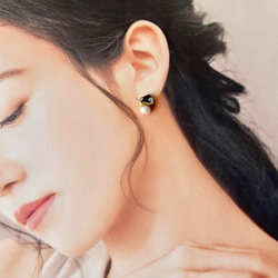 【金具が選べる】京焼　金継ぎ　ピアス　イヤリング　手書き　絵付け　花柄　黒色　淡水パール　天然石　伝統工芸　＃337 7枚目の画像