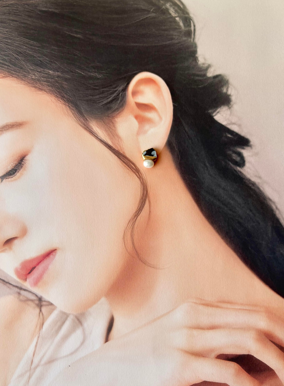 【金具が選べる】京焼　金継ぎ　ピアス　イヤリング　手書き　絵付け　花柄　黒色　淡水パール　天然石　伝統工芸　＃337 7枚目の画像