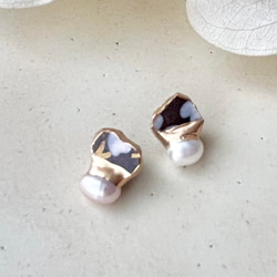 【金具が選べる】京焼　金継ぎ　ピアス　イヤリング　手書き　絵付け　花柄　黒色　淡水パール　天然石　伝統工芸　＃337 2枚目の画像