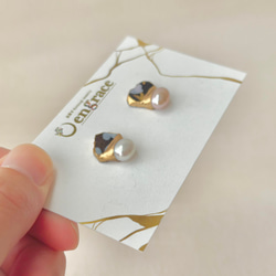 【金具が選べる】京焼　金継ぎ　ピアス　イヤリング　手書き　絵付け　花柄　黒色　淡水パール　天然石　伝統工芸　＃337 4枚目の画像