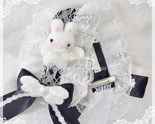 ♡3点No.2 天使のうさぎさん付き 編み上げリボンヘッドドレス white ♡ ♡ No.2 天使のうさぎさん付き オーガンジー編み上げリボンヘッド