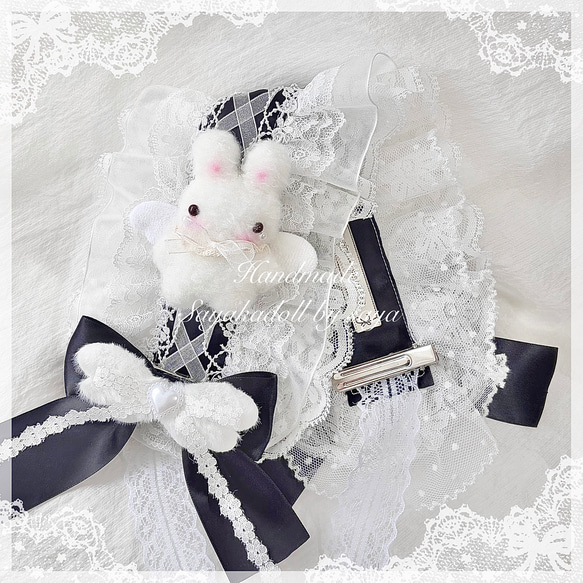 ♡3点No.2 天使のうさぎさん付き 編み上げリボンヘッドドレス white