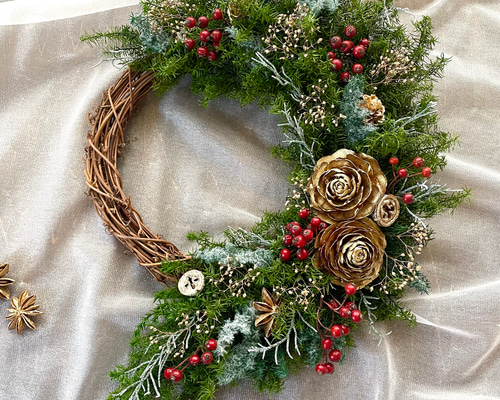 お正月も飾れる】クリスマス＊ナチュラルグリーン＊ハーフリース