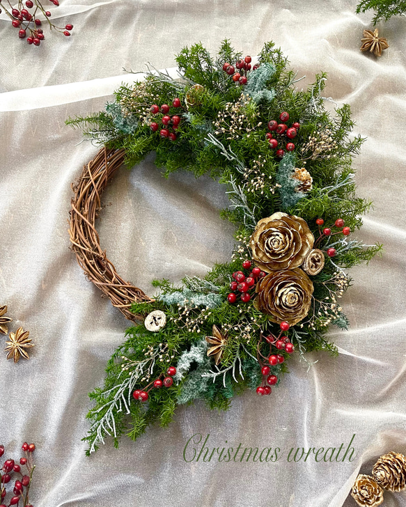 【お正月も飾れる】クリスマス＊ナチュラルグリーン＊ハーフリース 1枚目の画像